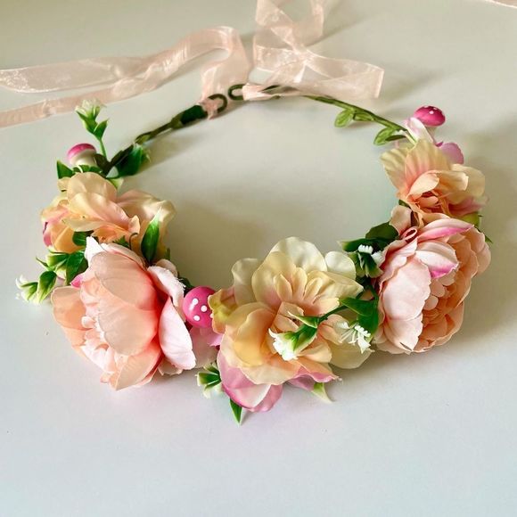 Garden Floral Head Wreath, faux flowers, on Finished Wire Base, Ribbon B… - Picture 2 of 5
